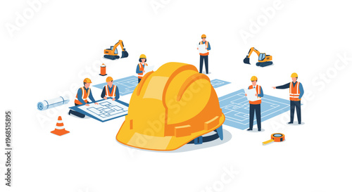 A large yellow hard hat sits on a white surface surrounded by blueprints, six construction workers, two excavators, and a measuring tape.