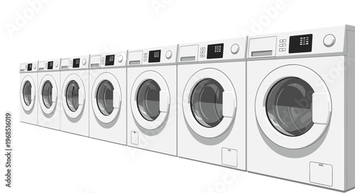 A long receding line of identical white front-loading washing machines extends into the distance, varying in size.
