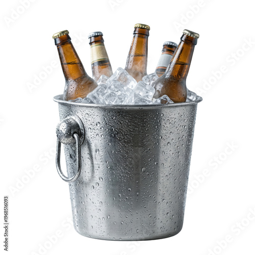 Fotografía Cold beer bottles in metal ice bucket with condensation