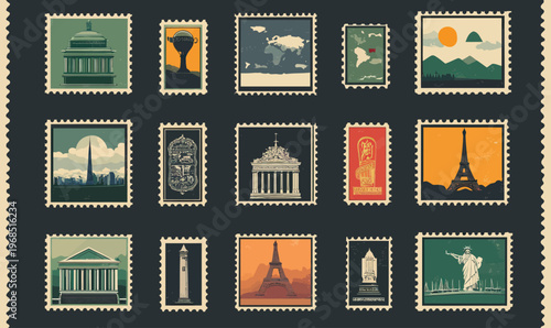 Vintage postage stamps set featuring world landmarks including Eiffel Tower, Statue of Liberty, Brandenburg Gate, modern and historic monuments with a grunge flat minimalist design
