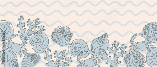 Summer sea background, sea creatures and shells banner, retro marine background
