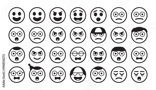 Vast assortment of black and white line art emoji icons portraying many different emotions.