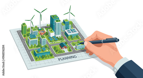 A human hand in a blue suit holds a black pen, drawing an isometric smart city plan with skyscrapers and wind turbines on a white sheet of paper.