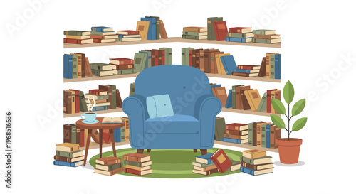A cozy reading nook features a plush blue armchair surrounded by wooden bookshelves filled with numerous books and a small table.