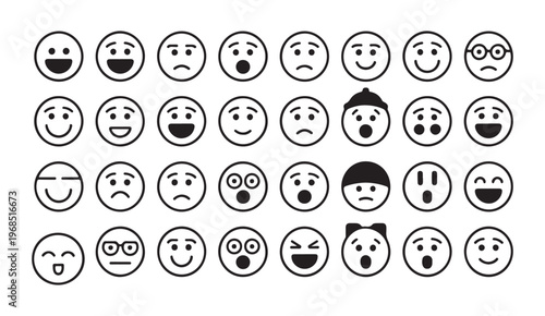 Big set of black and white line art emoji icons with diverse facial expressions and emotions.