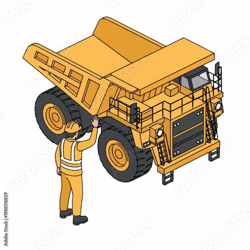 Isometric illustration of a worker inspecting a large yellow mining dump truck.