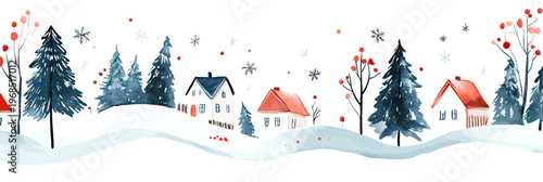 Winter village landscape with snow covered houses and pine trees minimalist seamless border illustration in watercolor style for holiday background design with falling snowflakes and red berries
