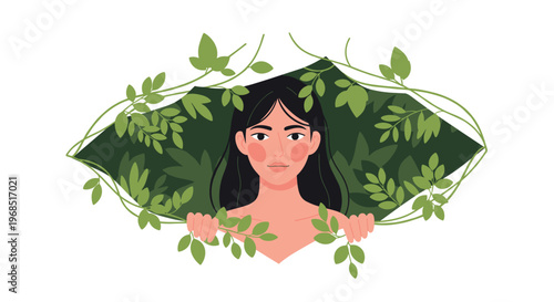 A stylized illustration depicts a woman with dark hair and bare shoulders peeking through a diamond-shaped opening framed by lush green vines.