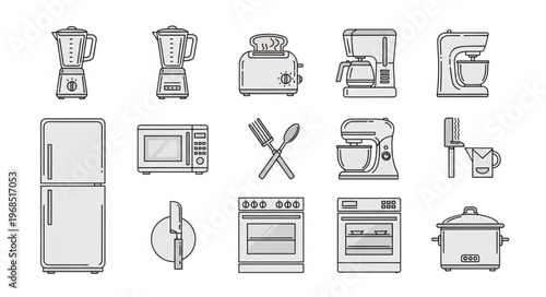 Collection of Kitchen Appliances in Black and White Sketch Style.