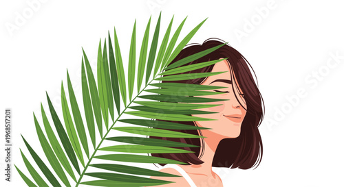 An illustrated woman with closed eyes is partially hidden behind a large green palm leaf on a plain white background.