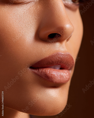Close up of warm brown skin with natural lips and smooth texture showing beauty and softness in side profile