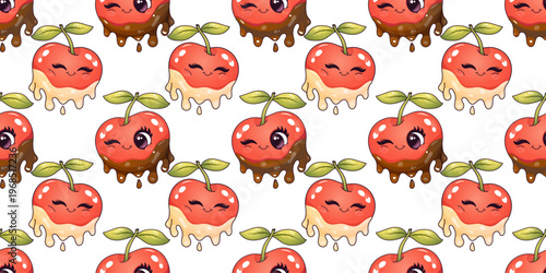 Seamless pattern with cute cherry characters dipped in chocolate in kawaii style