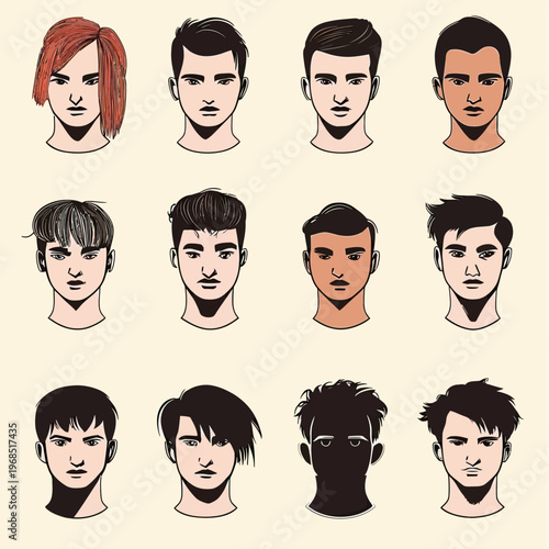 Diverse male faces with various modern hairstyles and haircuts in flat minimalist vector style set of portraits showing different skin tones and hair colors