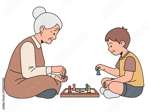 elderly woman young boy sitting across from each other illustration