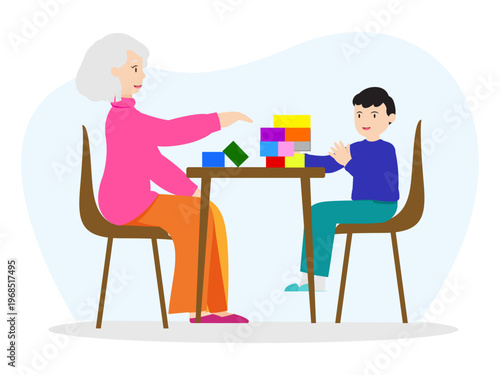 elderly woman young boy sitting across from each other illustration