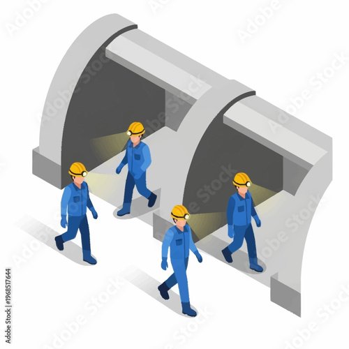 Isometric illustration of miners in hard hats and workwear walking through a mine tunnel.