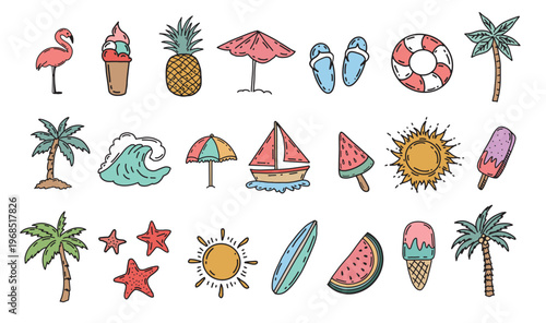 Colorful summer beach icons set with tropical elements on white background