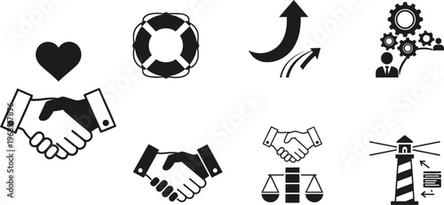 Business Ethics and Partnership Icon Set for Corporate Responsibility, Legal Compliance, Teamwork Collaboration, Financial Growth, and Strategic Guidance Professional Vector Symbols