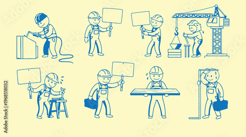 Construction workers with signs in various poses doing jobs on yellow background.