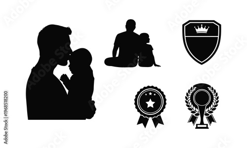 Set of black silhouette line art father's day vector illustration isolated on white.