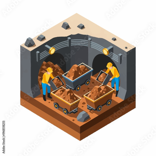 Isometric Mining Operation with Workers and Ore Carts.
