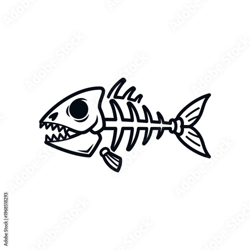 Cartoon style fish skeleton outline, isolated white background