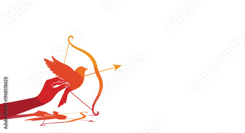 A gradient silhouette of a hand holding a dove with a bow and arrow is positioned on a white background.