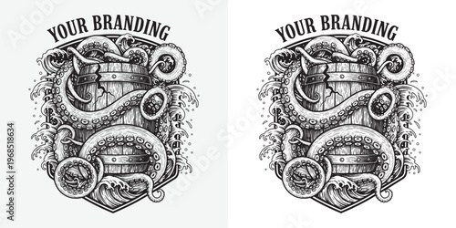 Kraken Octopus Tentacles Wrapping Around Wooden Barrel Nautical Illustration