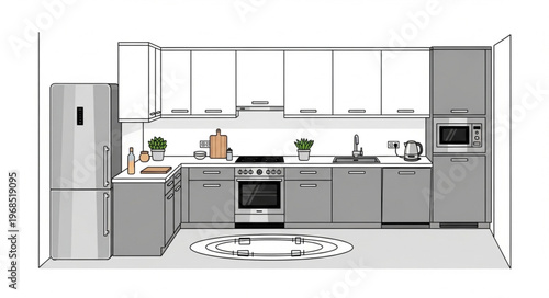 Modern Kitchen Design with Sleek Gray and White Cabinets.