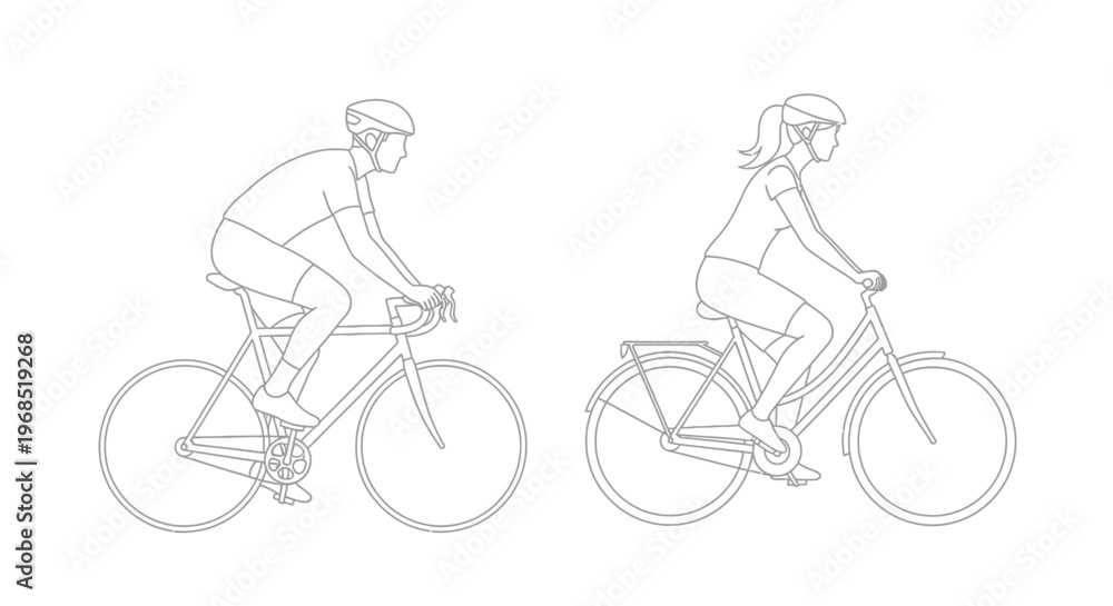 Fototapeta premium Linear illustration of a man and woman cycling side by side outdoors