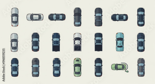 Overhead View of Various Cars in a Parking Lot.