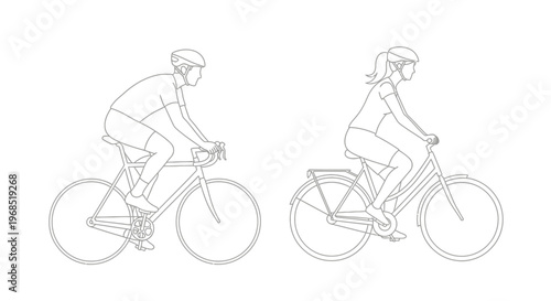Linear illustration of a man and woman cycling side by side outdoors