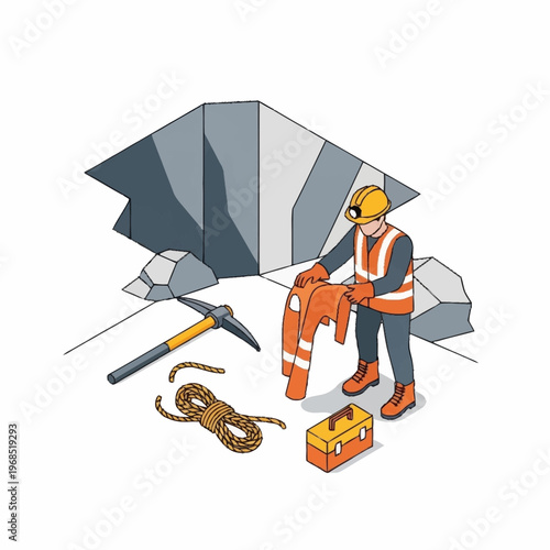 Miner preparing for work with safety gear and tools.