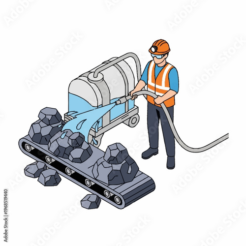 Miner spraying water on coal on a conveyor belt.