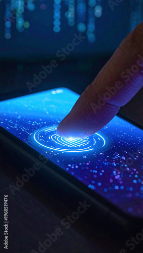 Close up of finger scanning fingerprint on glowing blue smartphone screen with digital data particles for biometric security, mobile payment authorization and identity protection concept