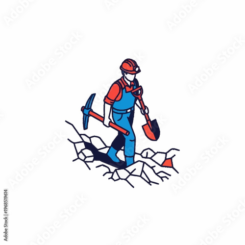 Miner with pickaxe and shovel walking on cracked ground.