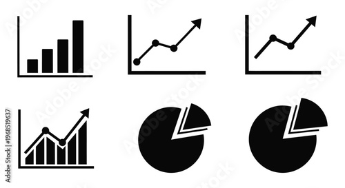 Various black line graph and chart icons representing data and business growth