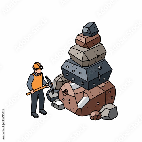 Miner with pickaxe standing next to a large pile of various rocks and minerals.