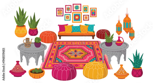 A vibrant Moroccan-style living room features a sofa, poufs, tables, lanterns, and plants on an ornate rug.