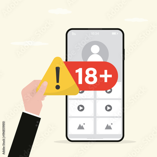 Parental control. Age restriction, prohibition. Mobile phone with various content, parent hand gives warning label - 18 plus. Smartphone with media content for adults.