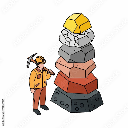 Miner with pickaxe standing next to a stack of various ore and mineral rocks.