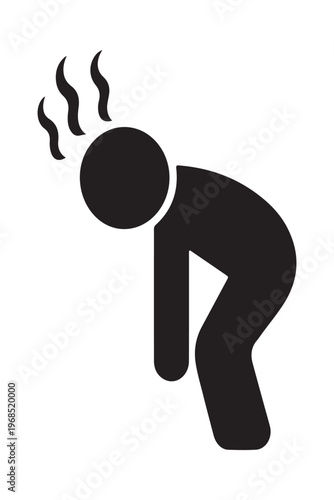 Tired person standing with bent back and wavy lines above head, physical fatigue and weakness icon.