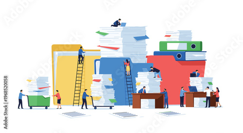 Small cartoon people are working on and around large stacks of documents and colorful folders on a white background.