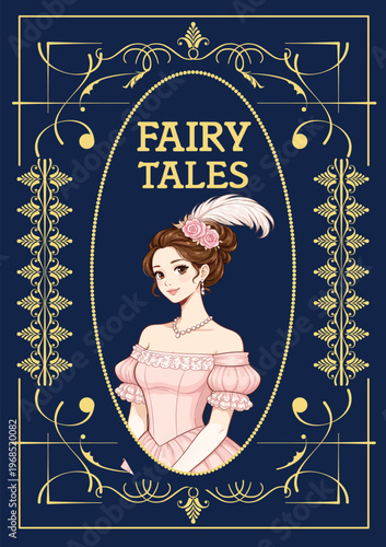 077-02-Stylized vintage book cover showing fantasy princess in ornate gold frame, with fairy tales text
