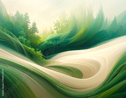 Abstract green and white flowing landscape design.