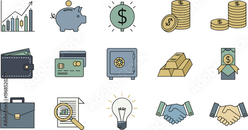 Finance and business flat icon set featuring savings investment growth money security handshake and financial management symbols