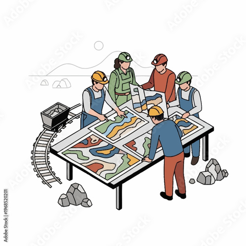 Mining team analyzing geological maps for resource exploration.