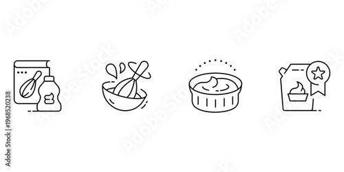 Cream preparation and cooking icon set including sauce bottle with whisk cookbook baking bowl with cream mixture and quality award pouch.