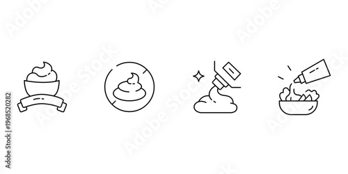 Sauce and cream icon set featuring bowl with ribbon restriction sign pouring tube and dressing being squeezed onto fresh salad.