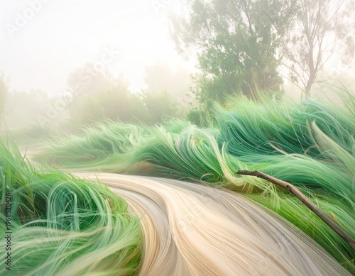 Curved Pathway Through Lush Green Grass Landscape.